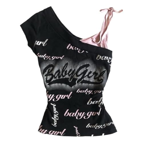 Emo Grunge Shirts Women 2000s Graphic Baby Tees Fake Two Piece Short Sleeve Vintage Y2k Crop Top Goth Alt Clothes - Black - Large