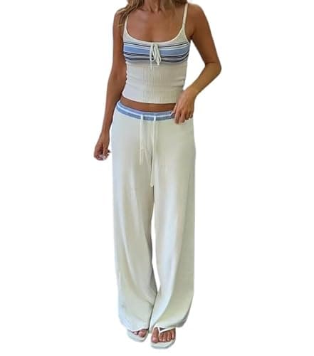 YHUCTRE 2025 Summer Women Two Piece Outfits Sets Women Vest Pants Set Sleeveless Top Loose Drawstring Waist Pants - Image 1