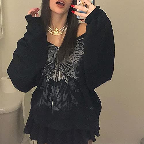 SOLILOQUY Women Zip Up Hoodie Y2k Vintage Graphic Oversized Hooded Sweatshirt Jacket Pullover Coats Harajuku Streetwear thumbnail 3