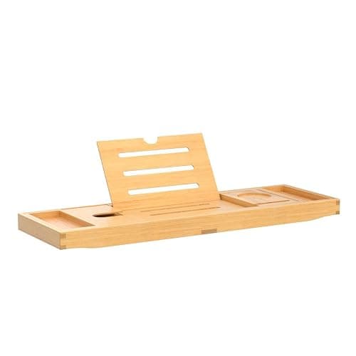 Deep Calm Bath Caddy – Foldable, Extendable Bath Tray Holds Book, iPad, Tablet, Phone, Wine Glass, Candle - Adjustable Bathtub Table – Luxury, Natural Bamboo Bath Shelf (Natural) thumbnail 4