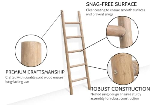 FUIN 57in Wood Blanket Ladder Living Room Decorative Wall Leaning Farmhouse Quilt Display Holder Rustic Wooden Towel Rack for Bathroom, Brown thumbnail 3