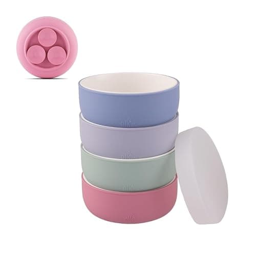 Elk and Friends Kids Porcelain Bowls with Silicone Suction Sleeves | Lids Included | Suitable for Babies/Toddlers | Microwave & Dishwasher Safe | Stay Put Dinnerware | Snack Dishes | 4 Pack - Image 1