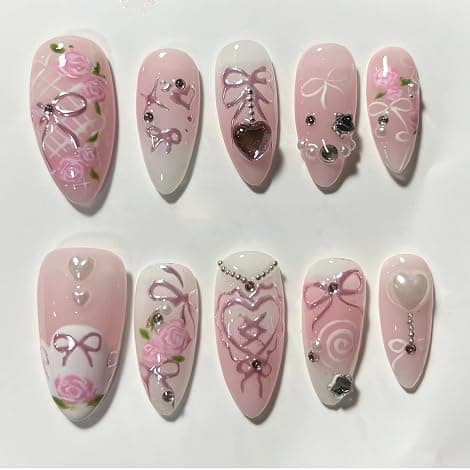 XZMeiLun 3D Handmade Spring & Summer Heart Pearl Press On Nails Almond Medium 24 Pcs, Flower Designer Reusable Acrylic Fake Nails with Glue, Wedding and Party, Daily wear Nails fro Women Gift - Image 1