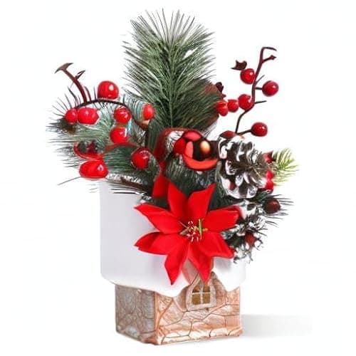 Small Christmas Tree Tabletop Artificial Mini Christmas Tree Decorations with Holiday Ornaments Red Berry Pine Cone Greenery for Home Indoor Fireplace Mantel Xmas Decor (Cabin-Red Flowers) thumbnail 7