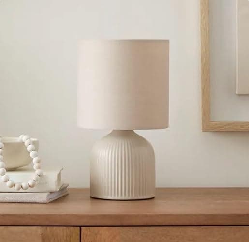 RA-HOMESTORE® New Small But Elegant Ribbed Ceramic Table Lamp Bedside Table Lamp Ceramic Base and Fabric Shade (25cm) (Cream) - Image 1