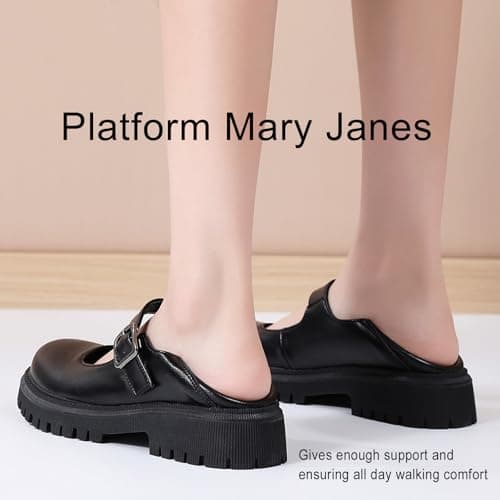 XMM Mary Jane Shoes Black Platform Chunky Mary Janes for Women Ladies Comfort Leather Round Toe Non-Slip Ankle Strap Dressy Casual Cute Girls Kawaii Lolita School Trendy Work Shoes US 9 thumbnail 5