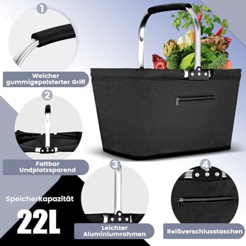 Yeabett 22L Einkaufskorb, Praktischer Klappkorb Einkaufstasche mit Gepolsterten Griffen für Reisen, Picknick, Einkaufen, Geschenke(Schwarz) - 22 Liter - Schwarz thumbnail 3