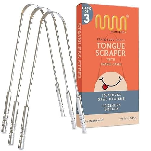 MasterMedi Tongue Scraper for Adults, 100% Stainless Steel Tongue Scrubber for Bad Breath, Easy to Use, Tongue Cleaner for Oral Care & Hygiene (SS Pack of 3) thumbnail 2