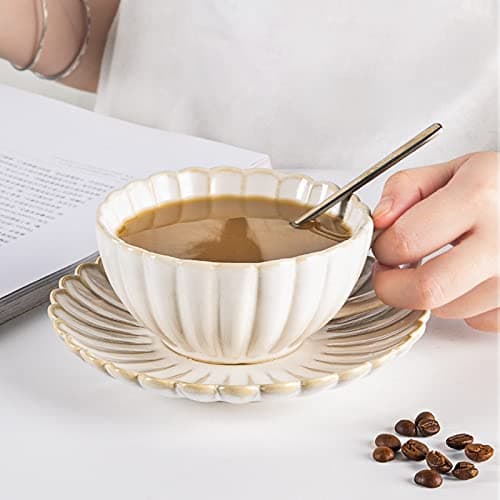 Colias Wing 9 Oz Petal Series Retro Design Ceramic Tea Cup Coffee Mug Travel Mug with Saucer-White thumbnail 4