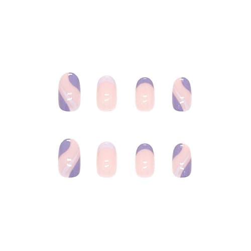 JUSTOTRY 24 Pcs Almond False Nails Short, Lilac French Fake Nails with Wavy, Nude French Stick on Nails Short, Oval Press on Nails for Women, Nails Fake Nail for Nails Art thumbnail 2