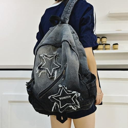 BLUEGALA Y2K Star Backpack,Grunge Goth Denim Bookbag,Punk Emo Backpack for Men and Women, Unique Gothic Fashion Backpack for Daily Use (Black) thumbnail 6