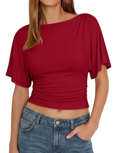Cicy Bell Womens Summer Wrap Tops Casual Short Sleeve Tie Back Cinched Waist T Shirts Trendy Boat Neck Blouse Burgundy - Image 1