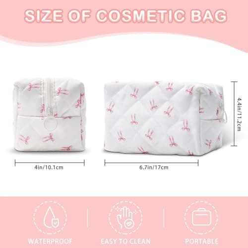 BACDOILQ Quilted Makeup Bag, Pink Bow Cotton Cosmetic Bag, Coquette Makeup Pouch for Women Girls, Aesthetic Organizer Bags Travel Toiletry Bags thumbnail 2