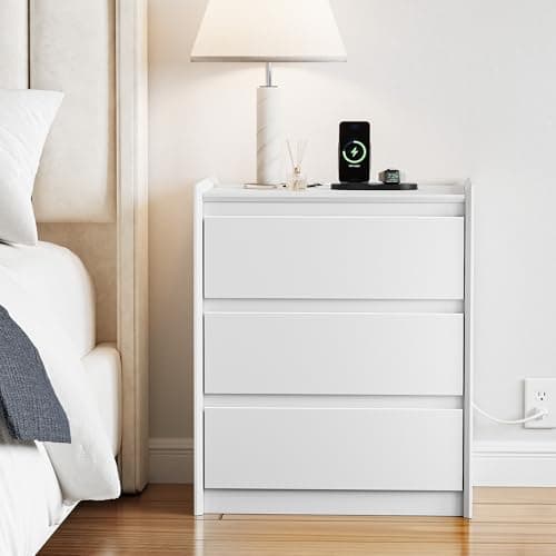 FurniXpress 24" Tall Nightstand with Charging Station Including USB-C, Modern Bedside Table and Sofa End Table - White, 3 Drawers, 1-Pack thumbnail 4