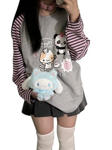 Dynict Y2k Cute Sweatshirts for Women Harajuku Kawaii Striped Sweatshirts Cartoon T-shirts thumbnail 2