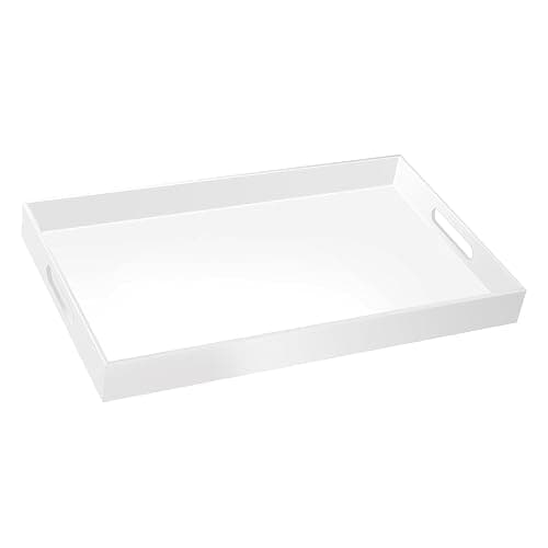 18×16 Inch Glossy White Acrylic Serving Tray with Handles Extra Large Ottoman Tray Decorative Tray Spill-Proof Coffee Table Space Saver Oversize Counter top Organizer Platter with Safe Edge - Image 1