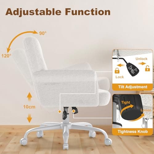 Keratee Teddy Fleece Office Chair, Comfy Home Office Desk Chair with Adjustable Height & 360° Swivel, Ergonomic Computer Chair for Long Hours, Multi-Functional Vanity/Makeup Chair, White thumbnail 6