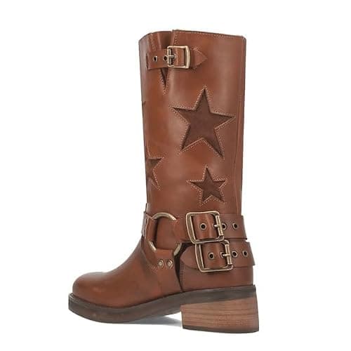 KISTANIA Women's Knee High Riding Boots Square Toe Chunky Heel Fashion Buckle Belts Cowboy Cowgirl Moto Boots with Stars thumbnail 6