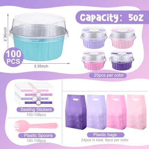 Acellegic 424 Pack Pink and Purple Mini Cake Pans Set with Lids and Spoons Include 5oz Disposable Aluminum Foil Baking Pans, Lids, Spoons, Sealing Stickers and Gift Bags for Cupcake, Pudding, Muffin thumbnail 2