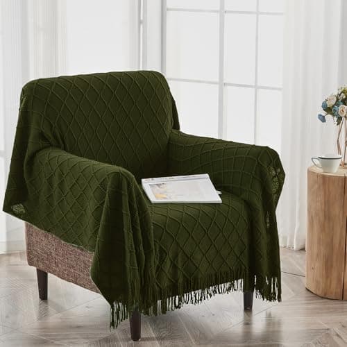 inhand Knitted Throw Blankets for Couch and Bed, Soft Cozy Knit Blanket with Tassel, Dark Green Lightweight Decorative Blankets and Throws, Farmhouse Warm Woven Blanket for Men and Women, 50"x60" thumbnail 4