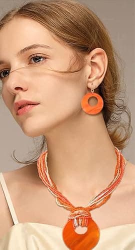 Coiris Multi Strand Statement Colorful Beaded Necklace with Big Circle Shell Pendant for Women thumbnail 3