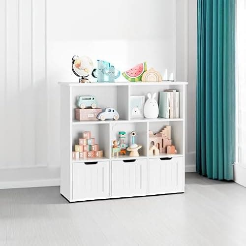 FOTOSOK Toy Storage Organizer with 3 Movable Drawers, Toy Organizer with Hidden Wheels and 5 Open Cubbies, Multifunctional Floor Storage Chest for Playroom, White thumbnail 6
