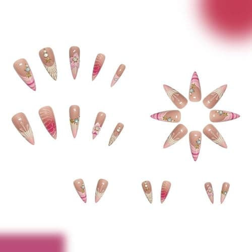 Almond Press on Nails Long Glue on Nail with 5D Rhinestones Flower Design Glossy Waterdrop Shell Acrylic Nails Reusable Ombre French Tips Fake Nails Stiletto Gold Star Nail for Women Manicure 24Pcs thumbnail 6