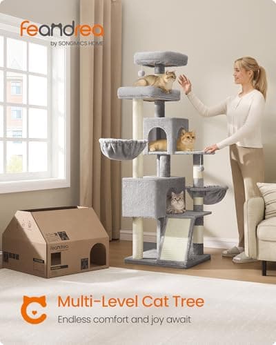 Feandrea Cat Tree, 68.5-Inch Tall Cat Tower, Multi-Level Plush Condo with Large Perch, Scratching Posts, Double Caves, Dove Gray UPCT006G01 thumbnail 2
