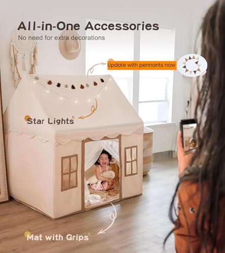 Large Kids Play Tent with Mat, XICEN Play Tent Indoor with Star Lights and Windows, Playhouse for Boys and Girls Aged 3+, Kid Tent with Mat Washable (Cream) thumbnail 2