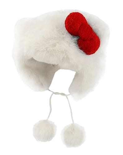 Cute Plush Hat White Cat Ear Bowknot Hat for Women Cartoon Winter Thickened Anti-Freezing Faux Fur Hats with Pom Earflap - Image 1