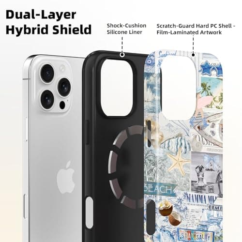 Lumen for iPhone 17 Pro Case, Compatible with MagSafe, Hard Shell Protective Cover with Camera Protection - Preppy East Coast Summer Collage Aesthetic, Blue Sailboat Seashell Watercolor Design Coastal thumbnail 2