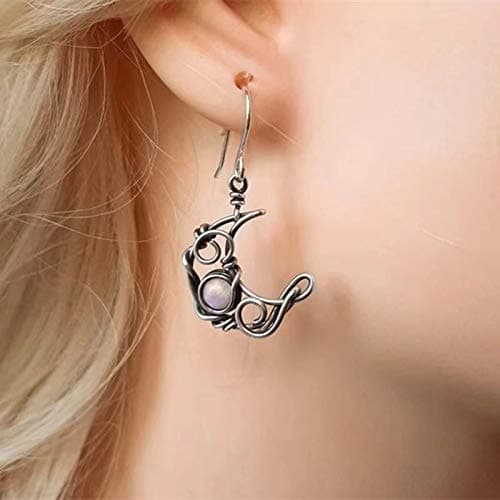 Boho Opal Sun and Moon Drop Dangle Earrings Moonstone Natural Stone Hook Bohemian for Women Asymmetrical Antiqued Silver Celestial Jewelry thumbnail 4