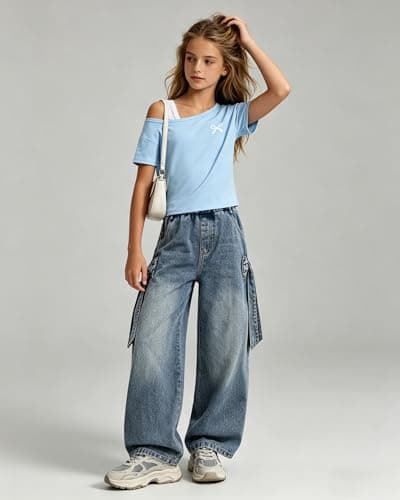 Kxuryueo Tween Girl Outfit Set One Shoulder Top & Wide Leg Denim Jeans Fashion Trendy Clothes Size 9 10 thumbnail 4