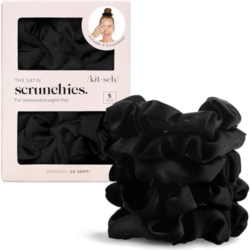 Kitsch Satin Scrunchies for Women - No Crease, Frizz Control | Softer Than Silk Scrunchies Gentle On Hair Scrunchies for All Hair Types | Stylish Hair Accessories College Essentials - Black, 5pcs - Image 1