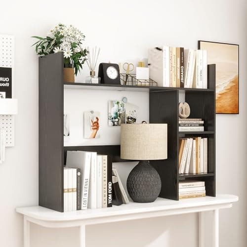 FTZxHKLX Desktop Bookshelf, Wood Desk Organizer Hutch with 3 Shelves for Computer Desk, 37.4'' Multipurpose Display Rack with Storage for College Dorm Office Home, Black thumbnail 9
