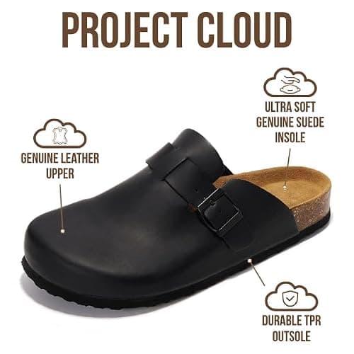 Project Cloud Mens Clogs - 100% Full Grain Genuine Leather Memory Foam Clogs for Men Arch Support Cork Footbed - Non Slip Platform Mules (Brooklyn) thumbnail 2