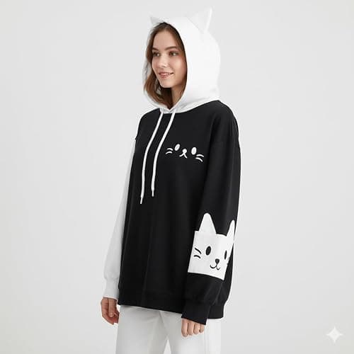 Feigujin Women Kawaii Cat Ear Hoodie Cute Japanese Anime Hooded Sweatshirt Preppy Meow Graphic Pullover Clothes Fall Winter thumbnail 2