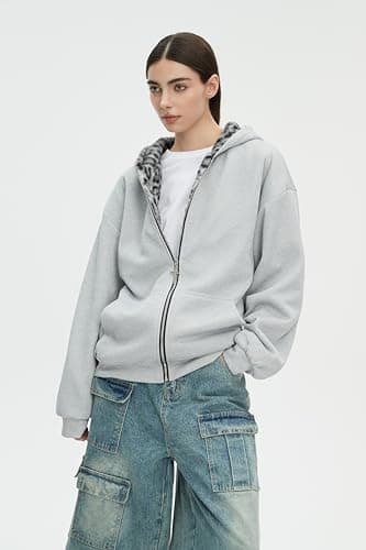 CUTEGAL Zip Up Hoodie Oversized Leopard Print Jacket Reversible Streetwear Fall Grunge Hoodies Streetwear thumbnail 4