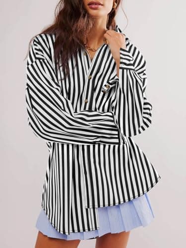 Cicy Bell Womens Oversized Striped Button Down Shirts Boyfriend Long Sleeve Collared Work Blouses Black thumbnail 2