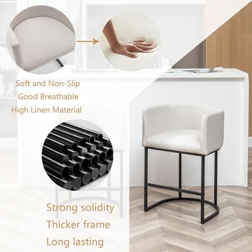 Riknuxi Counter Height Bar Stools Set of 3, Modern Bar Stool with Back, Barrel Bar Chairs with Metal Frames, Upholstered Barstools for Kitchen Island, Pub, Club (Beige) thumbnail 3