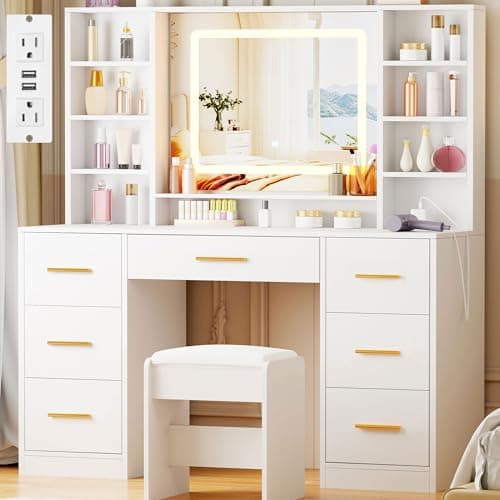 YUNSCEND White Vanity Desk with LED Lighted Mirror and Power Outlet,39.37" Makeup Vanity Table Set with 7 Drawers 6 Open Shelves 3 Color Lighting Mode Dressing Table for Women Bedroom Dressing Room - Image 1