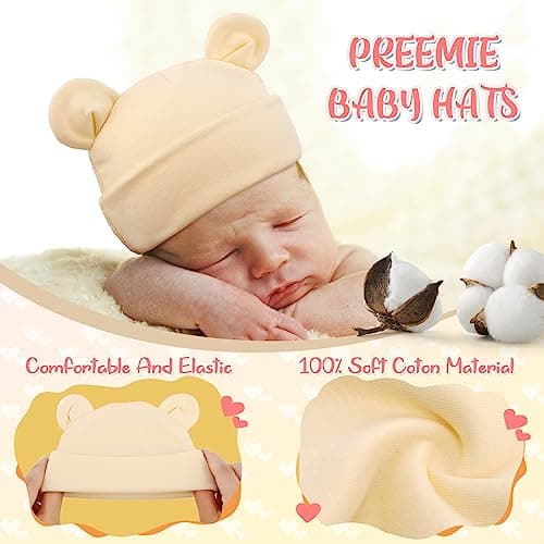 Toulite 6 Pcs Preemie Hats Cotton Preemie Beanies Baby Caps Cute Beanie Bear Ears Hospital Cap for Premature Baby Boys Girls(Light Colors,Solid Style) thumbnail 5