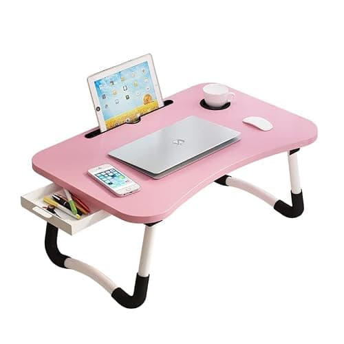 Lap Desk with Storage Drawer, Holders for Cup and Tablet, Tray Table with Foldable Legs, Laptop Bed Stand, Portable Standing Table for Sofa Couch Floor (23.6", Pink) thumbnail 4