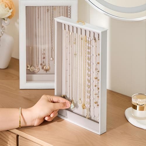 Lolalet Necklace Organizer Box, Jewelry Storage Box with Clear Window for Necklaces Bracelets, Tangle-Free Necklace Display Case for Women Girls, White, 2 Layers 20 Hooks thumbnail 7