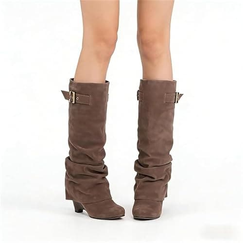 blingqueen Slouchy Wedge Suede Boots Fold Over Knee High Pull On High Heels thumbnail 5