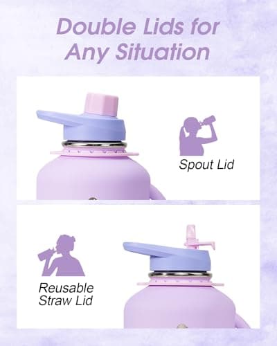 Coolflask Half Gallon Water Bottle with Straw, 64 oz Insulated Stainless Steel Water Jug With Handle Metal Double-Walled Vacuum Large Flask With Strap Leakproof, Keep Cold 48 Hrs Hot 24hrs, Lavender thumbnail 4