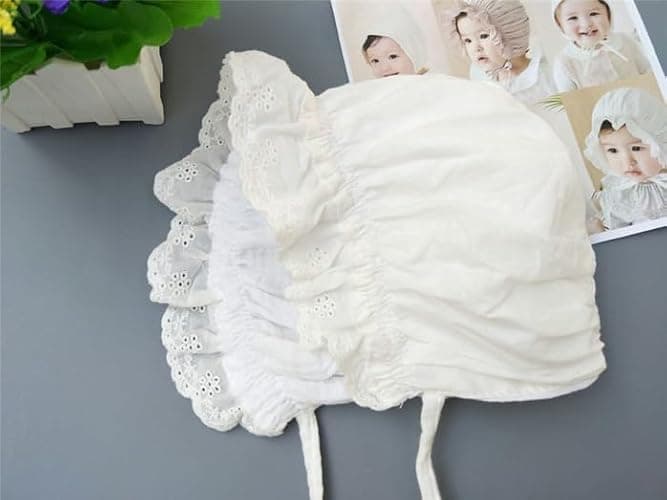 Baby Girl Cotton Muslin Bonnet - Vintage Ruffle Lace Newborn Sun Hat Adjustable Chin thumbnail 4