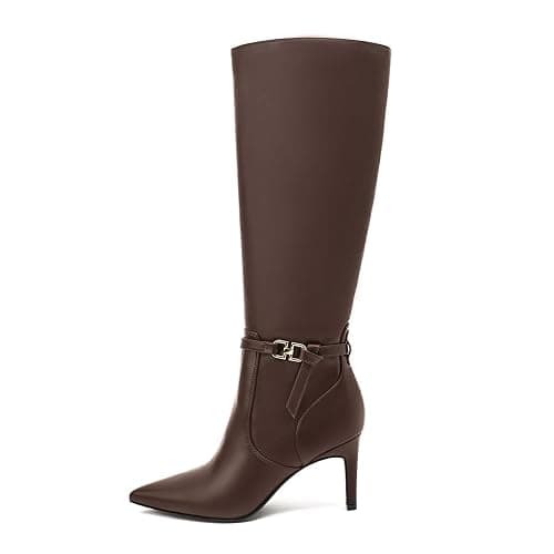MOTIMODEN Women's Knee High Boots Women Mid Heel Pointed Toe Tall Boots for Women High Heel Side Zipper with Buckle Bow Knots Long Boots for Fall Winter for Fall Winter - 9.5 - Brown-buckle thumbnail 4