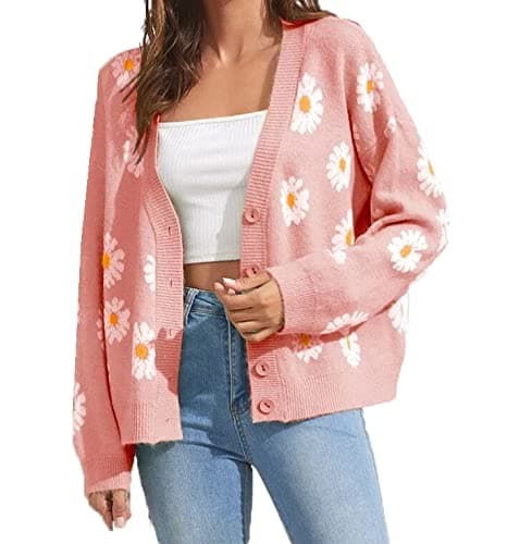 Women's Floral Print Cardigan Long Sleeve Open Front Button Down V Neck Knitted Sweaters - Image 1