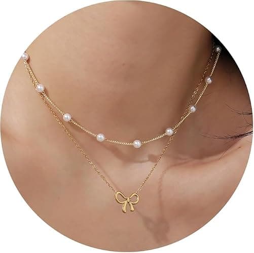 Qitian 18K Gold Plated Satellite Pearl & Bow Pendant Necklace for Women, Adjustable Layered Choker Chain Jewelry, Mini Gold Pearl Necklace Gift thumbnail 5